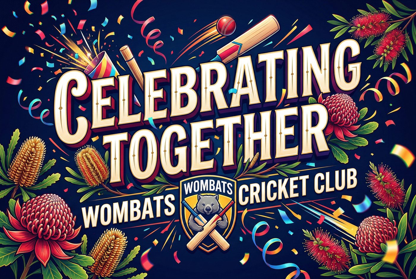 Wombats Cricket Club — Celebrating Together placemat — Australian native flowers and cricket